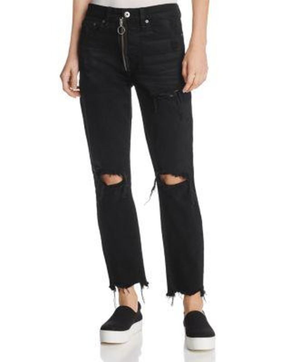 Pistola Nico Into the Void Distressed Mom Jean O Ring Zipper Raw Hem Black 26"